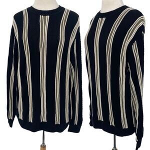 Vintage 3-D Knit Sweater Crew Neck Pullover Textured Stripes Black Womens Large